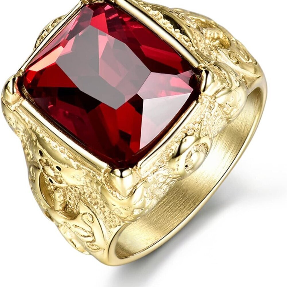 Luxury Gold Tone Engraved Mens Stainless Steel Rings with Red Ruby Garnet